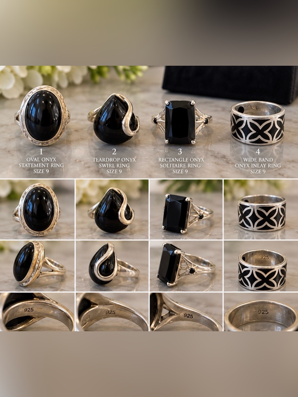 Set of 4 Sterling Silver Black Onyx Ring set - Size 9
